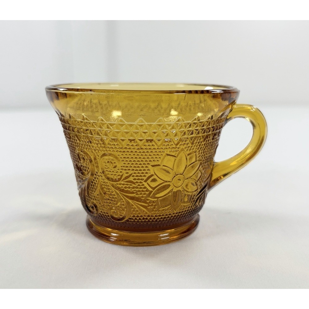 Set of 6 Tiara Indiana Glass Amber Sandwich Daisy Pattern Punch Tea Cups Vintage - Picture 2 of 16